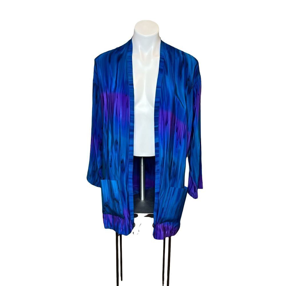 L Leeanne original vintage blue and purple hand painted silk jacket size S